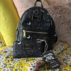 Disney Loungefly Black Glow-in-the-Dark Backpack with matching wallet